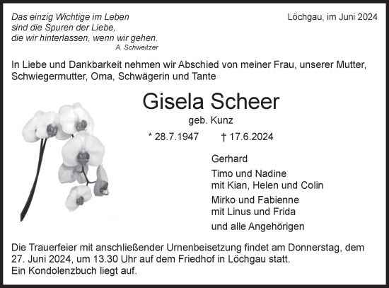 Traueranzeige von Gisela Scheer von Bietigheimer Zeitung