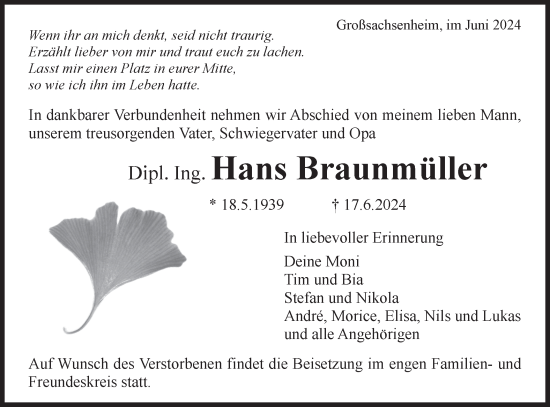 Traueranzeige von Hans Braunmüller von Bietigheimer Zeitung