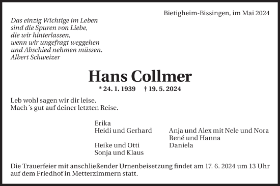 Traueranzeige von Hans Collmer von Bietigheimer Zeitung