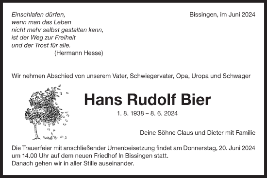 Traueranzeige von Hans Rudolf Bier von Bietigheimer Zeitung