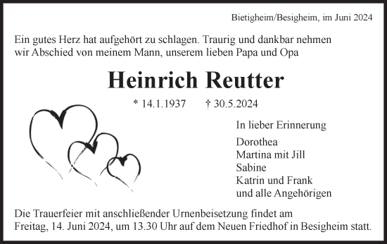 Traueranzeige von Heinrich Reutter von Bietigheimer Zeitung