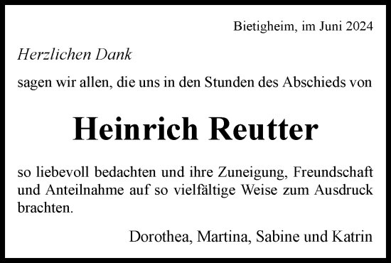 Traueranzeige von Heinrich Reutter von Bietigheimer Zeitung