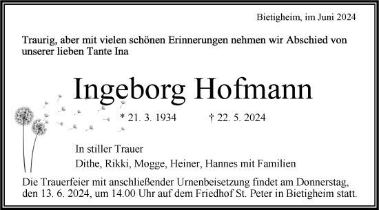 Traueranzeige von Ingeborg Hofmann von Bietigheimer Zeitung