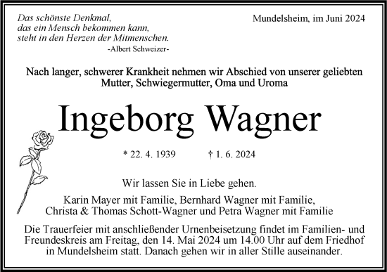 Traueranzeige von Ingeborg Wagner von Bietigheimer Zeitung