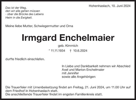 Traueranzeige von Irmgard Enchelmaier von Bietigheimer Zeitung