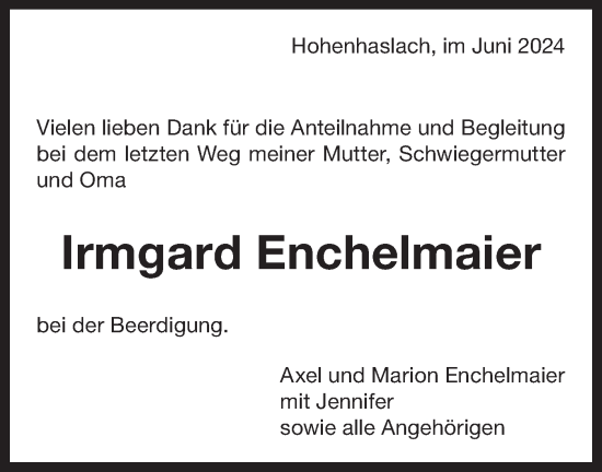 Traueranzeige von Irmgard Enchelmaier von Bietigheimer Zeitung