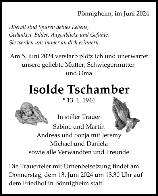 Traueranzeige von Isolde Tschamber von Bietigheimer Zeitung