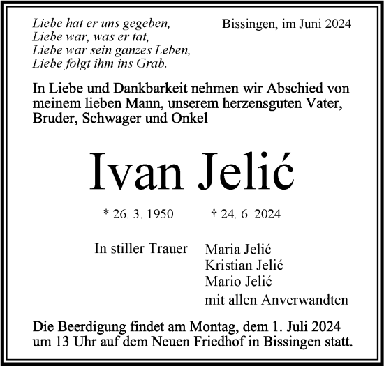 Traueranzeige von Ivan Jelic von Bietigheimer Zeitung