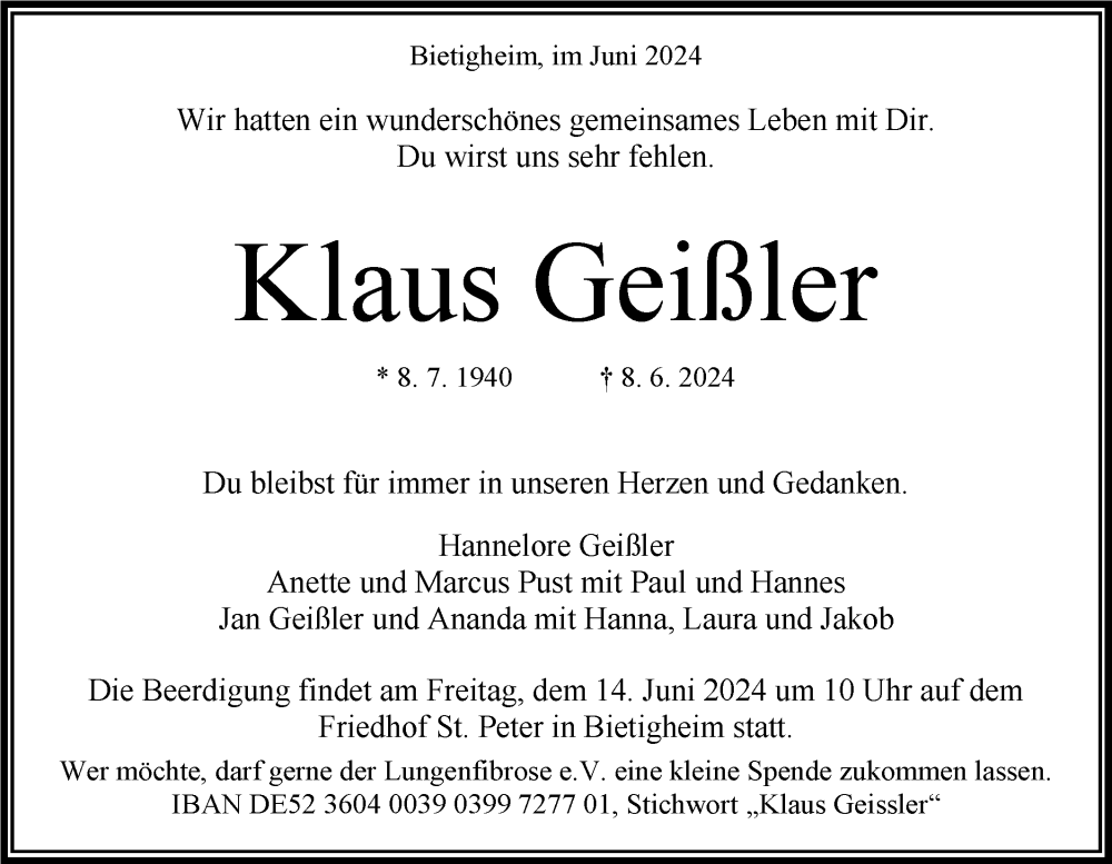  Traueranzeige für Klaus Geißler vom 11.06.2024 aus Bietigheimer Zeitung