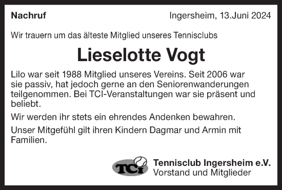 Traueranzeige von Lieselotte Vogt von Bietigheimer Zeitung