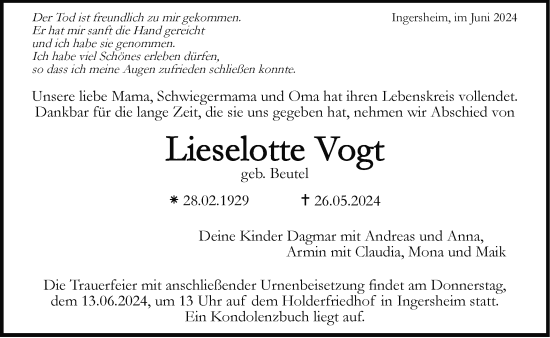 Traueranzeige von Lieselotte Vogt von Bietigheimer Zeitung