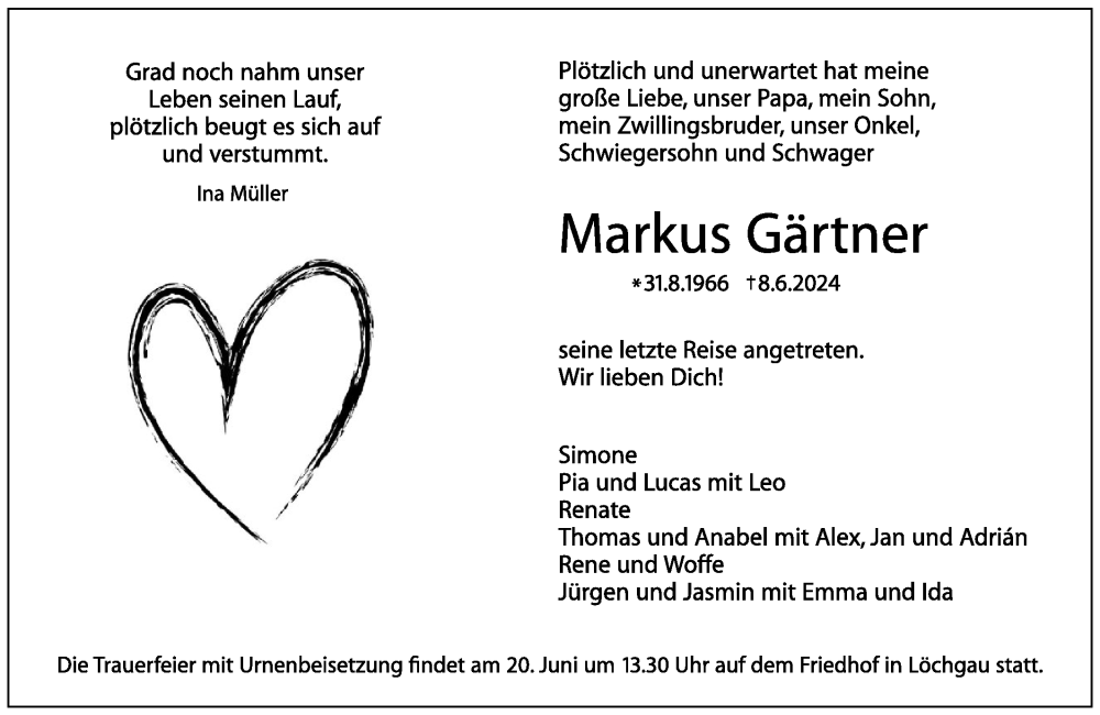  Traueranzeige für Markus Gärtner vom 13.06.2024 aus Bietigheimer Zeitung