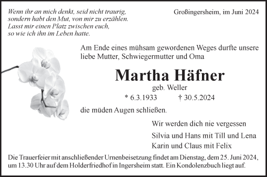 Traueranzeige von Martha Häfner von Bietigheimer Zeitung