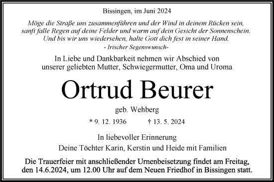 Traueranzeige von Ortrud Beurer von Bietigheimer Zeitung