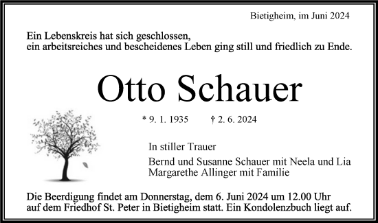 Traueranzeige von Otto Schauer von Bietigheimer Zeitung