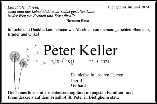 Traueranzeige von Peter Keller von Bietigheimer Zeitung