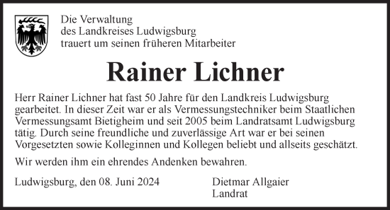 Traueranzeige von Rainer Lichner von Bietigheimer Zeitung