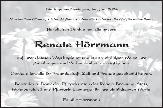 Traueranzeige von Renate Hörrmann von Bietigheimer Zeitung