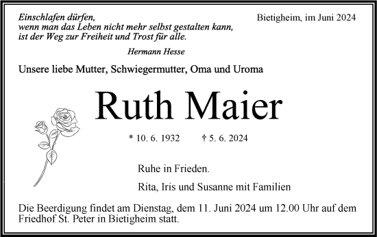 Traueranzeige von Ruth Maier von Bietigheimer Zeitung