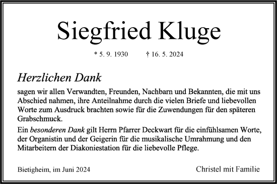 Traueranzeige von Siegfried Kluge von Bietigheimer Zeitung