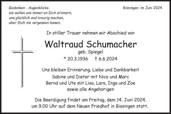 Traueranzeige von Waltraud Schumacher von Bietigheimer Zeitung