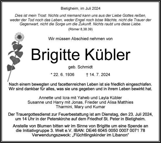 Traueranzeige von Brigitte Kübler von Bietigheimer Zeitung