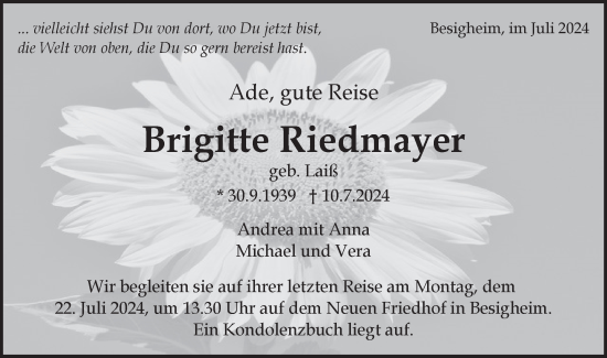 Traueranzeige von Brigitte Riedmayer von Bietigheimer Zeitung