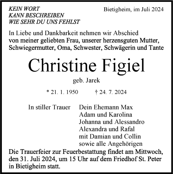 Traueranzeige von Christine Figiel von Bietigheimer Zeitung