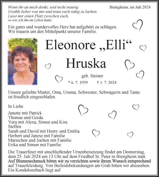 Traueranzeige von Eleonore Hruska von Bietigheimer Zeitung