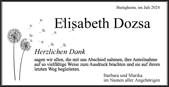 Traueranzeige von Elisabeth Dozsa von Bietigheimer Zeitung