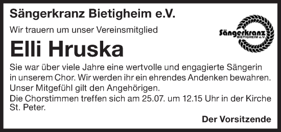 Traueranzeige von Elli Hruska von Bietigheimer Zeitung