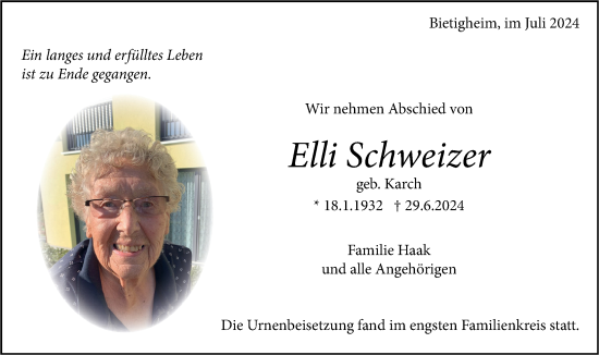 Traueranzeige von Elli Schweizer von Bietigheimer Zeitung