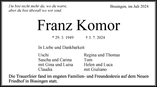 Traueranzeige von Franz Komor von Bietigheimer Zeitung