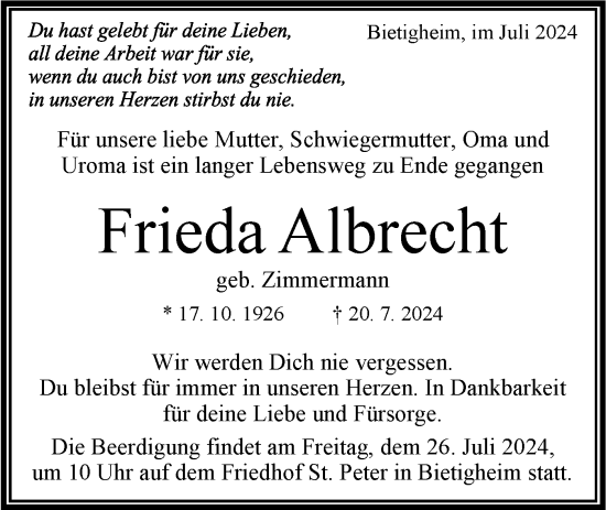 Traueranzeige von Frieda Albrecht von Bietigheimer Zeitung