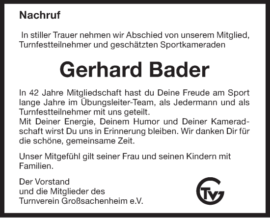 Traueranzeige von Gerhard Bader von Bietigheimer Zeitung