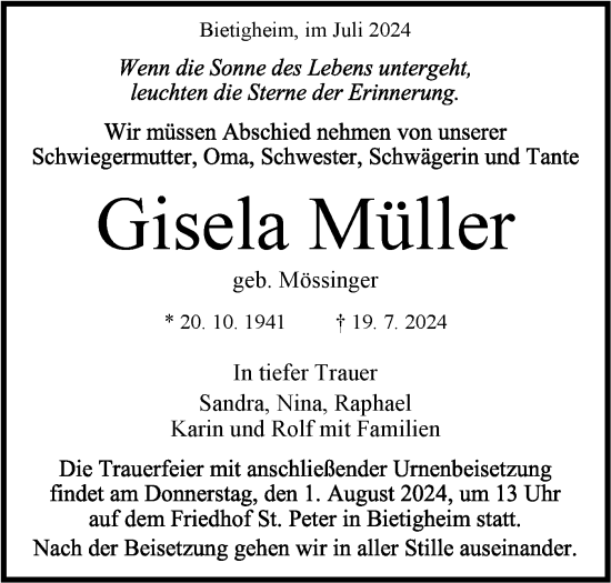 Traueranzeige von Gisela Müller von Bietigheimer Zeitung