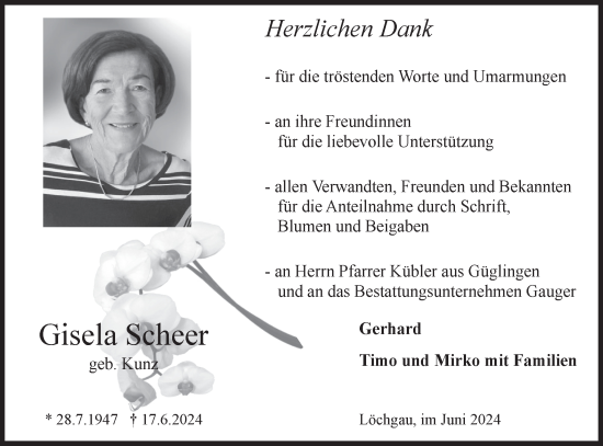 Traueranzeige von Gisela Scheer von Bietigheimer Zeitung