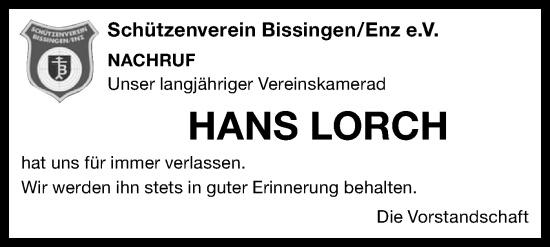 Traueranzeige von Hans Lorch von Bietigheimer Zeitung