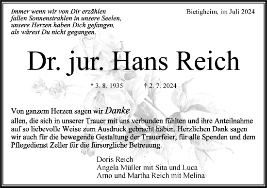 Traueranzeige von Hans Reich von Bietigheimer Zeitung