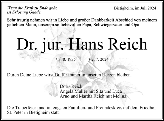 Traueranzeige von Hans Reich von Bietigheimer Zeitung