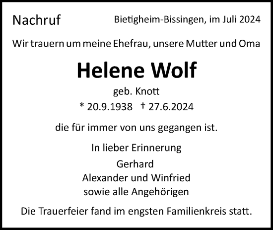 Traueranzeige von Helene Wolf von Bietigheimer Zeitung