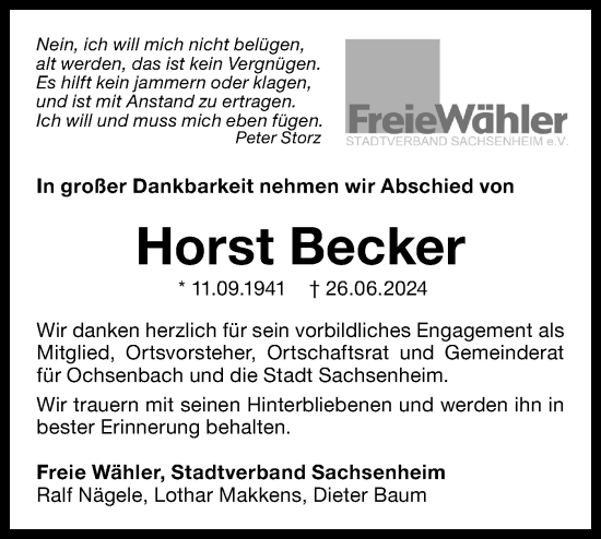 Traueranzeige von Horst Wienand Becker von Bietigheimer Zeitung