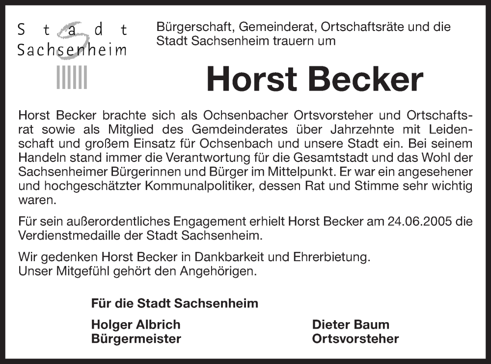  Traueranzeige für Horst Wienand Becker vom 04.07.2024 aus Bietigheimer Zeitung