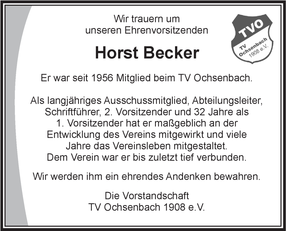  Traueranzeige für Horst Wienand Becker vom 04.07.2024 aus Bietigheimer Zeitung