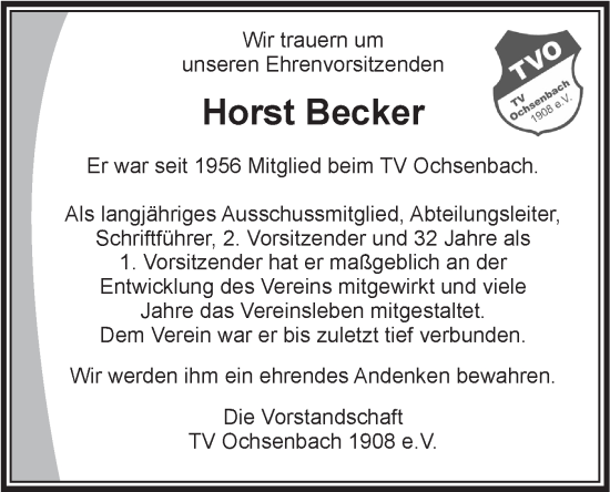 Traueranzeige von Horst Wienand Becker von Bietigheimer Zeitung