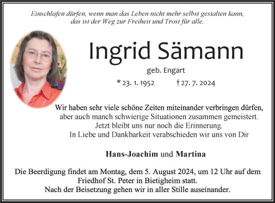 Traueranzeige von Ingrid Sämann von Bietigheimer Zeitung