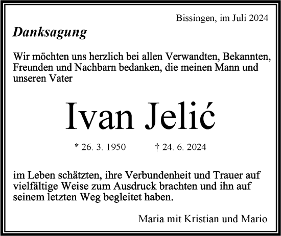 Traueranzeige von Ivan Jelic von Bietigheimer Zeitung