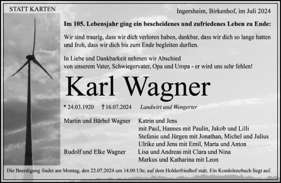 Traueranzeige von Karl Wagner von Bietigheimer Zeitung