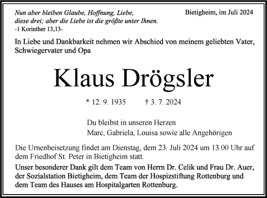 Traueranzeige von Klaus Drögsler von Bietigheimer Zeitung