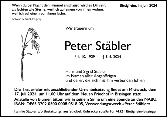 Traueranzeige von Peter Stäbler von Bietigheimer Zeitung